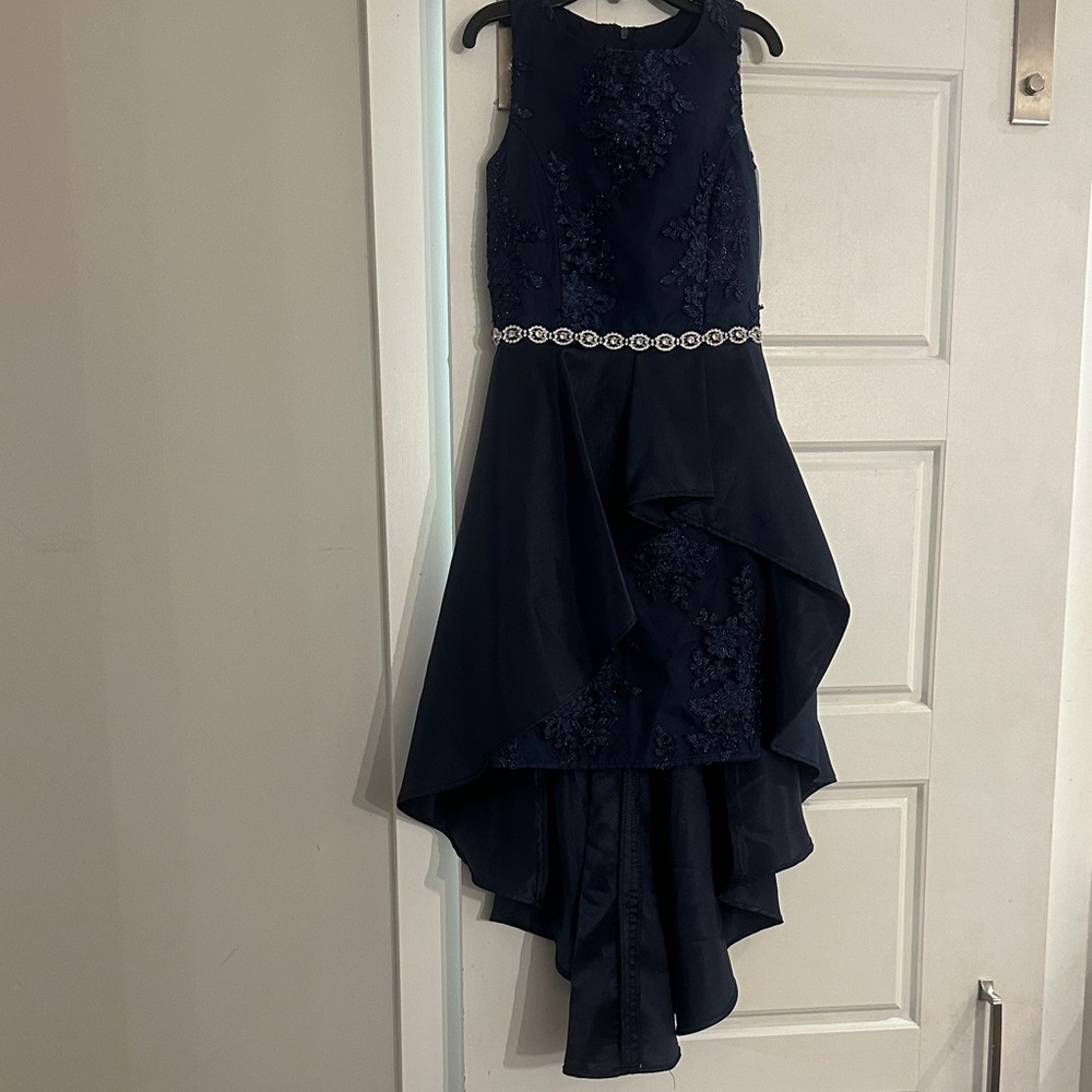 Rare Editions Elegant Navy Big Girls Dress with Lace and Beaded Waist